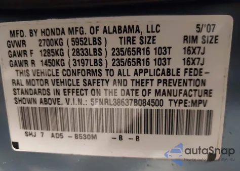 2007 Honda Odyssey Ex-L из США, поврежденный, VIN 5FNRL38637B084500